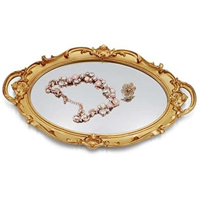 Vintage Gold Glass Mirror Tray Single Piece Decorative Oval Tray Jewellery Makeup Organizer Bathroom Serving Tray