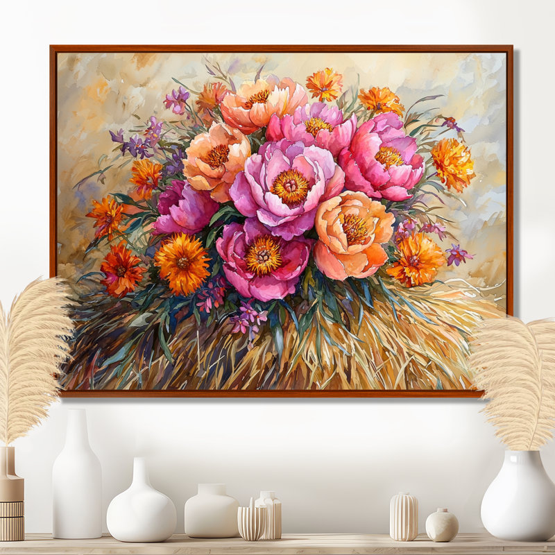 Été, bouquet de pivoines, art mural sur toile, 30" H x 40" W, Cadre flottant brun