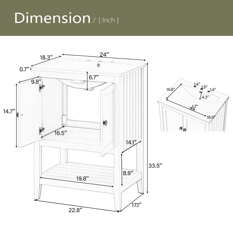 Lavabo de salle de bain moderne élégant en céramique blanche 24 po avec tablette ouverte en bois massif