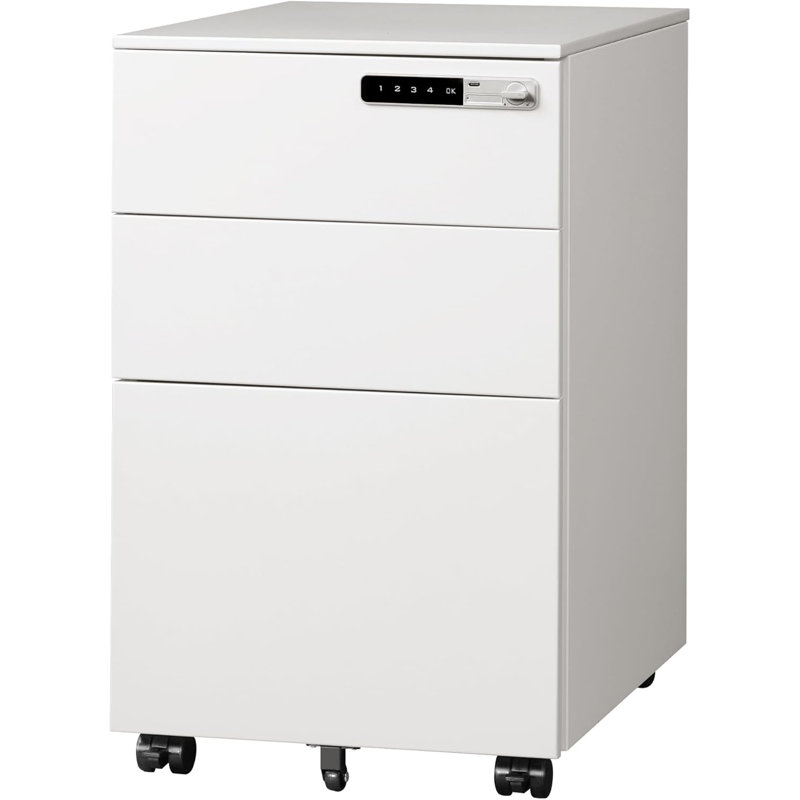 3 Drawer Mobile File Cabinet With Combination Lock, Fully Assembled Metal Filling Cabinet Except Wheels, White