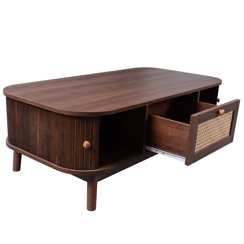 Table basse en osier de style campagnard - Base en bois massif, portes coulissantes et tiroirs en osier pour la décoration intérieure