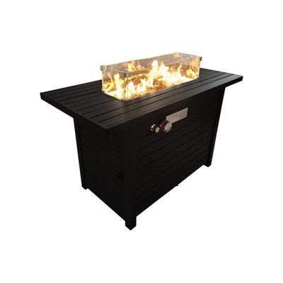 24" Steel Propane Fire Pit Table With Cover - Create A Warm And Inviting Outdoor Setting. Construction, Neutral Tone. Slatted Base For Airy Ambiance. Fireplace Lid, Cover, Lava Rocks, Glass Beads.