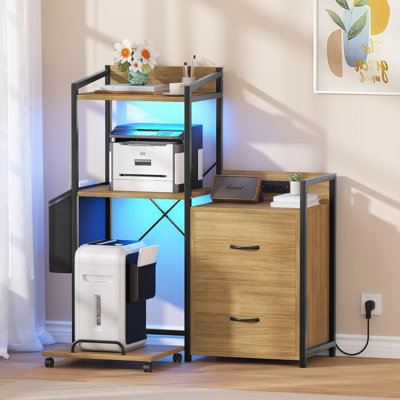 Industrial 38 Inch Suoma ancient wood Printer File Cabinet with Built-In Power Station & LED Lighting, Heavy Duty 2-Drawer Storage Stand with Open Shelf, Holds PC Tower, Shredder & Office Fax Machine