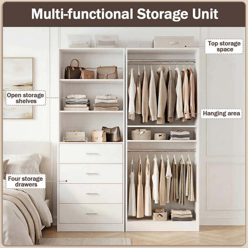 Closet System With Drawers, Shelves,Hanging Rods, White