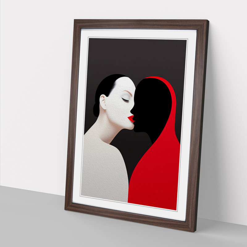 Two Women In Love Minimalism No.2 - Single Picture Frame Print on Wood, 46cm H x 34cm W x 2cm D, Walnut