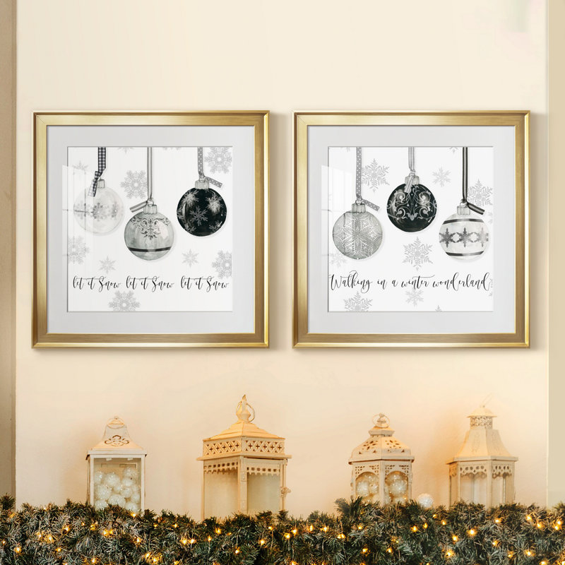 «Let It Snow Ornaments», ensemble de 2 reproductions d'art, H 17,5 po x l 35 po x P 1,5 po, Papier encadré doré, Blanc