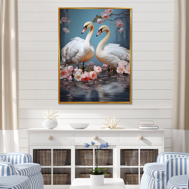 Art mural blanc, cygne blanc, sérénade III, Cadre flottant doré, H 32 po x l 24 po x P 1 po