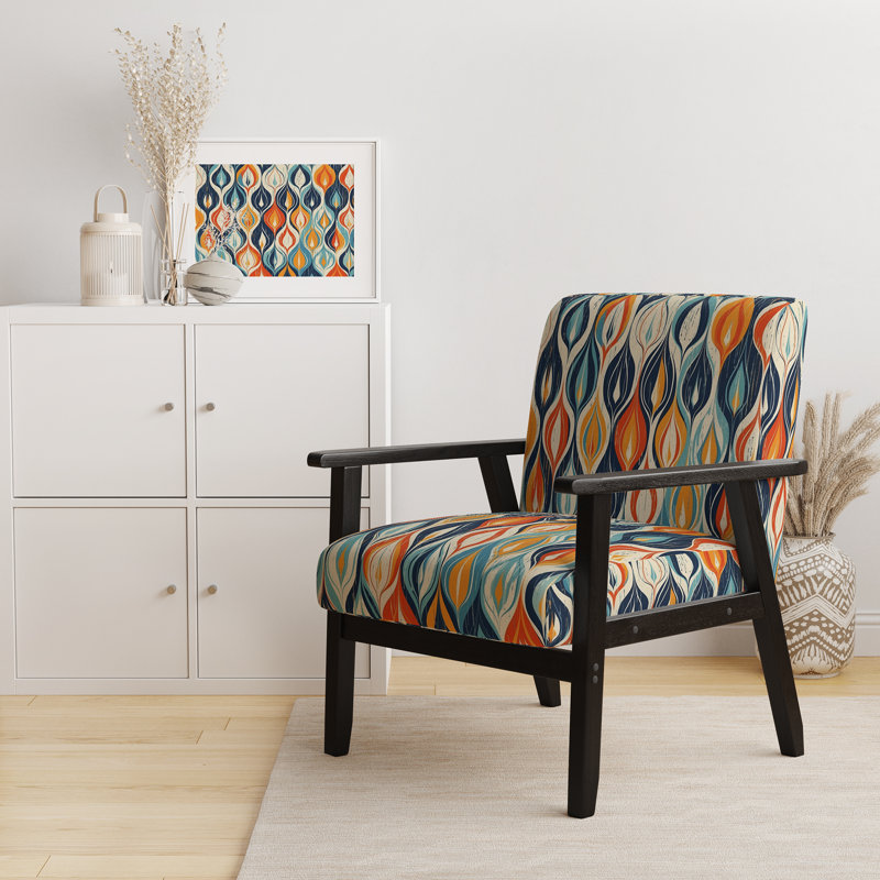 Orange et bleu Botanical Symphony III - Chaise d'appoint rembourrée et chaise moderne, Accoudoirs carrés noirs