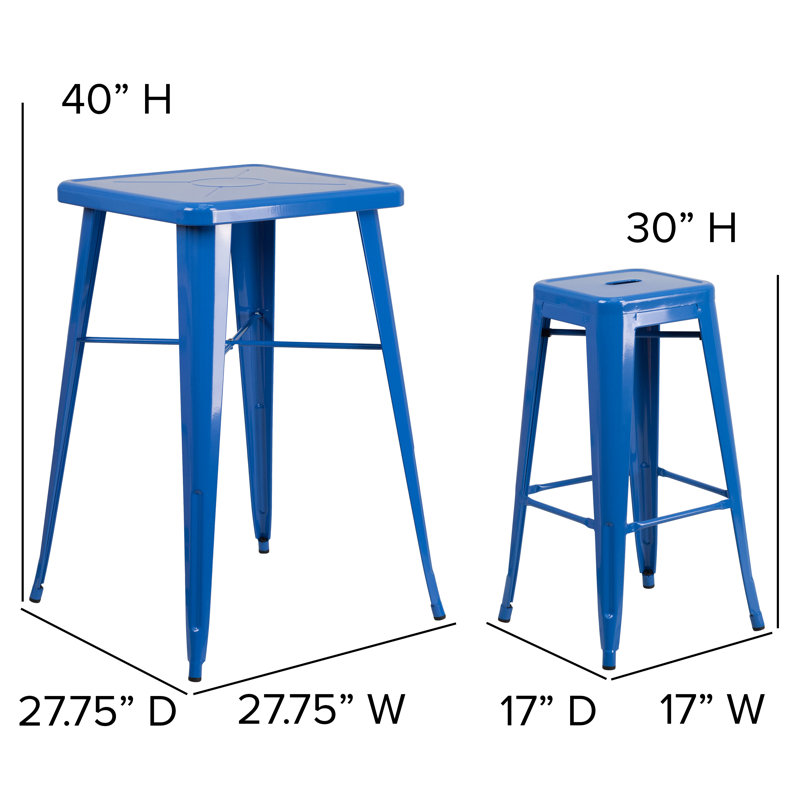 Gyeong 23.75'' Square Metal Indoor-Outdoor Bar Table Set with 2 Square Seat Stools, Blue