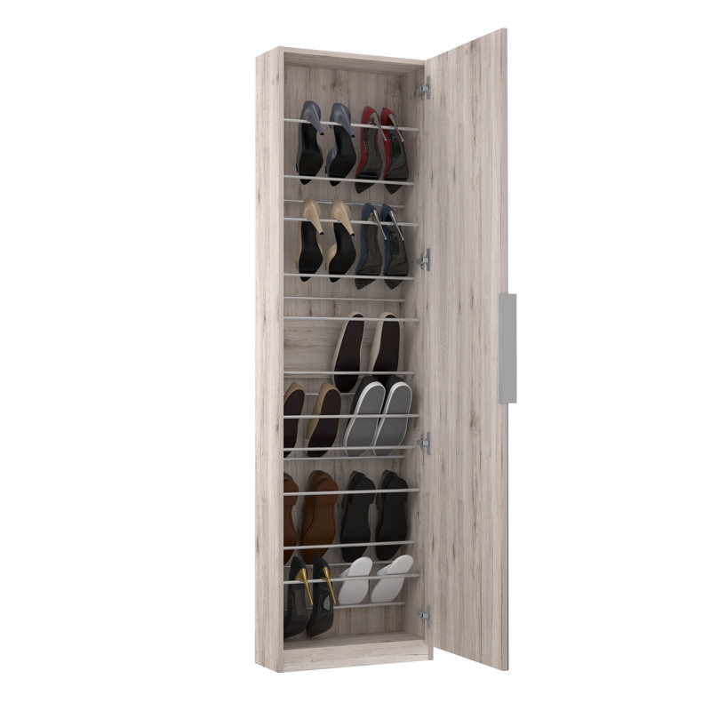 Amber Tall Mirrored Up To 20 Pair Shoe Storage Cabinet, Oak Wood