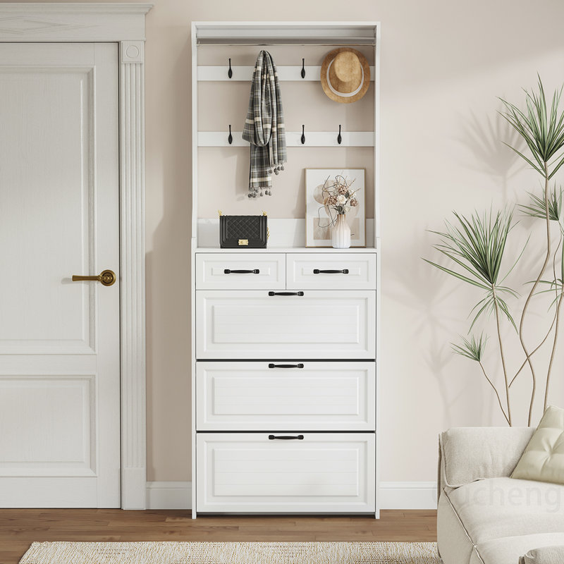 Versatile Shoe Cabinet with Multiple Compartments and Hanger for Efficient Storage
