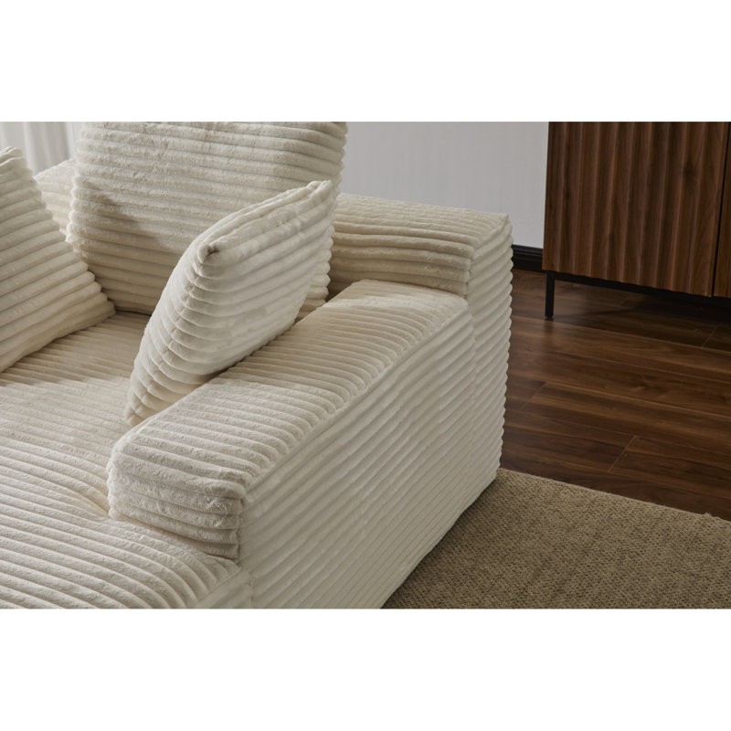 Chaise longue blanche avec revêtement en velours côtelé, 3 coussins décoratifs, accoudoirs larges, support ergonomique, mousse à mémoire de forme, fauteuil moderne surdimensionné sans assemblage pour se détendre à la maison, rembourrage en mousse, forme, espace de vie