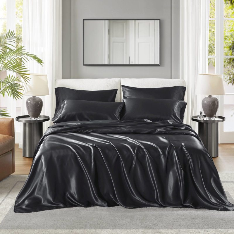 Ensemble de 7 draps de luxe en satin noir très grand divisé, froissés, doux pour la peau et les cheveux, frisottis, 1 drap plat, 2 draps-housses, 4 taies d'oreiller