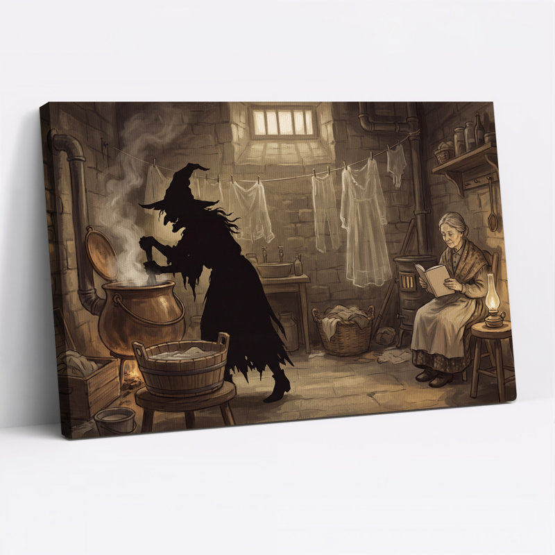 Toile murale d'Halloween représentant une sorcière remuant un chaudron dans une buanderie en pierre, 12"H x 18"W