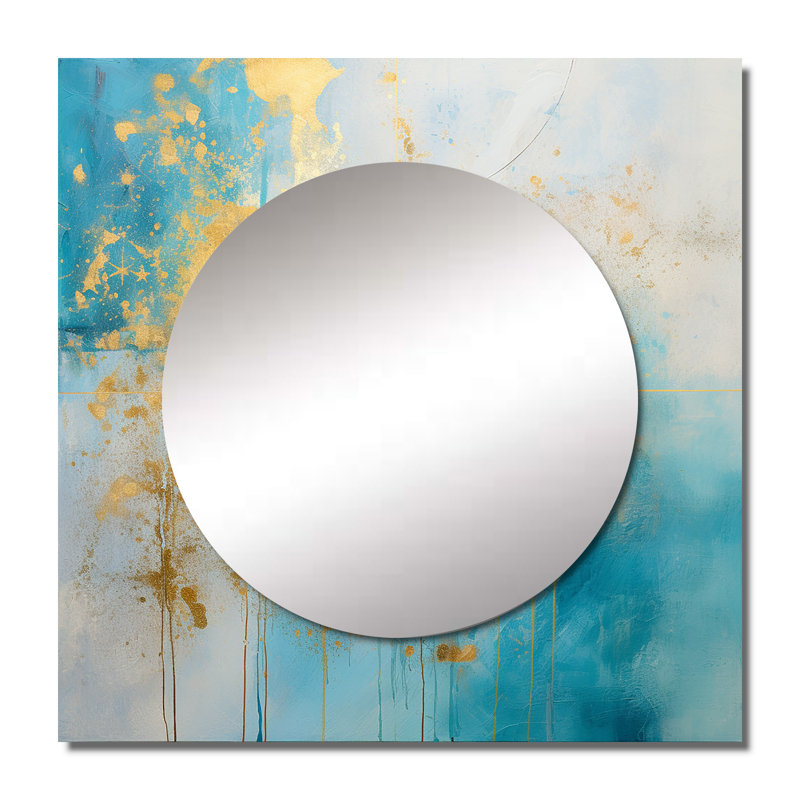 Divine Mandala Delicate Gold Gentle Turquoise V - Boho Mandala Square Mirror Wall Art For Bathroom, 29" x 29"