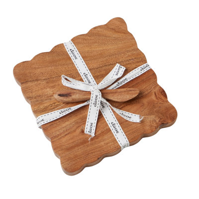 Square Scalloped Cheese Board with Spreader, Small, Natural