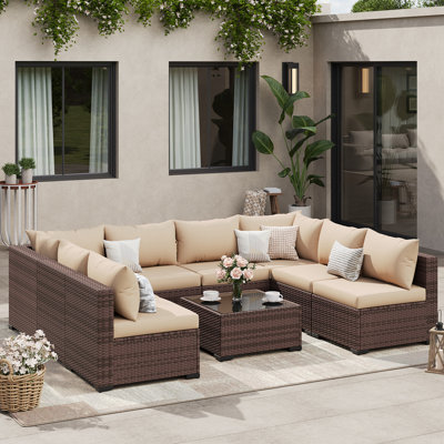 Ensemble de conversation modulaire en rotin PE pour 8 personnes, grand canapé modulaire de patio avec structure en acier antirouille et table basse, meubles en osier pour la cour, la terrasse et le jardin