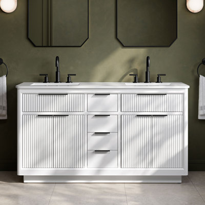 Xander 60 in. Double Sink Freestanding Pure White Vanity with White Engineered Stone, Matte Black Hardware