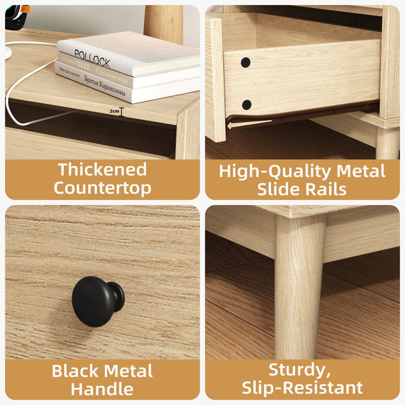 3 - Drawer Nightstand, 24“ W Wood Bedside Table With Built-In Outlets And Solid Wood Legs(Set Of 2), Set of 2, Ntuatral Wood