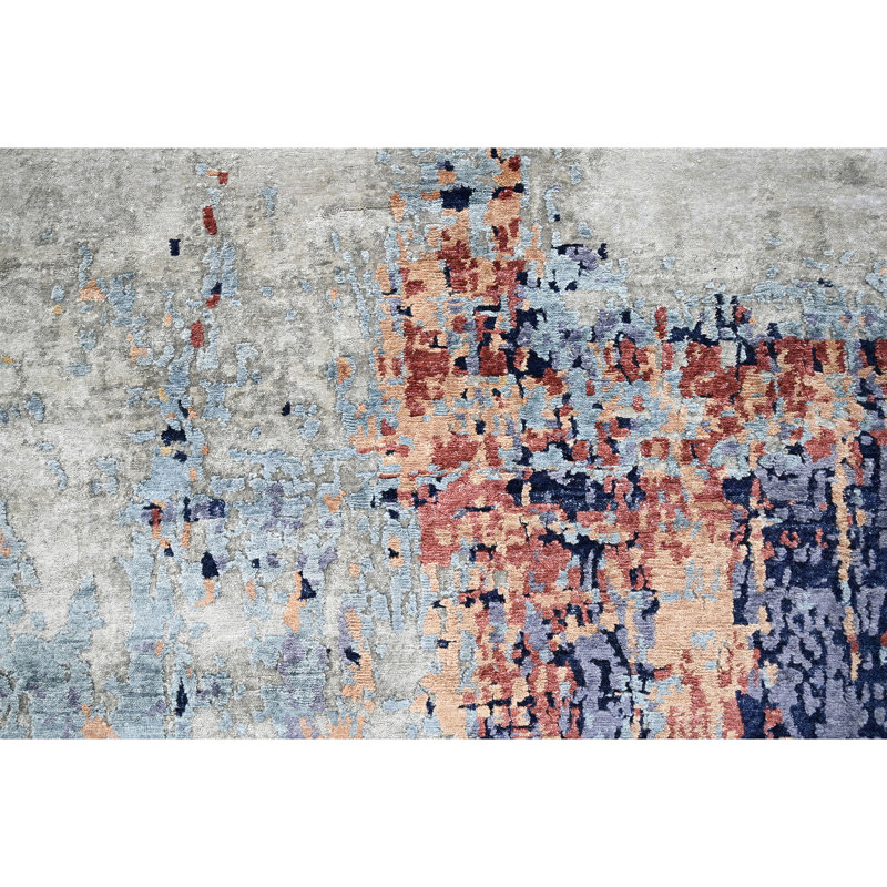 Abstract Area Rug in Blue/Brown/Gray, Rectangle 10' x 14'