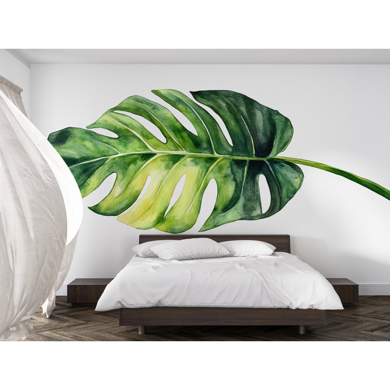 Murale feuille Monstera - grand décalque botanique tropical pour chambre à coucher, art mural surdimensionné vert plante 062Mv