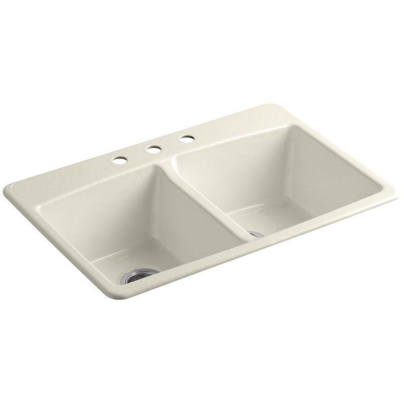 33" L x 22" W x 9-5/8" Top-Mount Double-Equal Kitchen Sink, Almond, 3 Hole