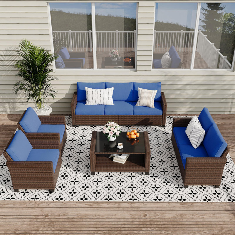 Ensemble de meubles de patio 5 pièces, ensembles de conversation de patio en osier de rotin 7 places avec table basse, ensemble de canapé modulaire d'extérieur, rotin brun et coussins bleus