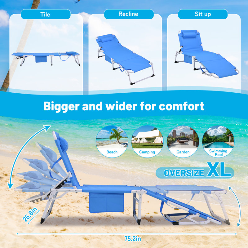 3-In-1 Heavy Duty Tanning Chair With Face Hole Adjustable 5-Position Folding Chaise Lounge Chairs For Outside Portable Lay Flat Beach Lounge Chair For Outdoor Sunbathing Patio Pool Lawn Camping Deck