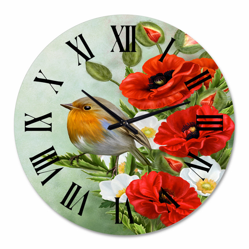 Oiseau jaune avec coquelicots rouges et anémones blanches - Horloge murale traditionnelle, Grand
