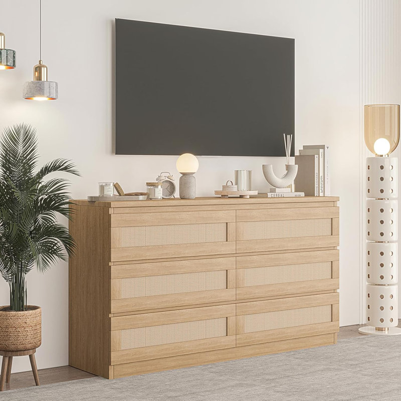 Nursery Rattan Dresser for Bedroom, Modern 6 Drawer Wooden Dresser Chest, Wide Wood Beside Table, Natural