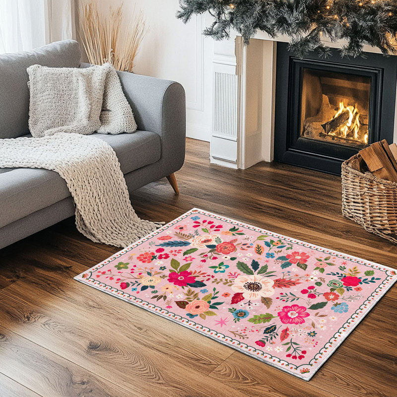 Tapis rose antidérapant 2 pi x 3 pi, tapis d'entrée lavable à poils courts Boho Flower