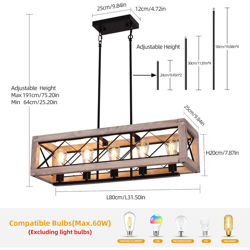 Farmhouse Chandelier Pendant Light, 5-Light Adjustable Height Wooden Black Ceiling Fixture For Kitchen Island, Dining Room, Pool Table, Rustic Modern Lighting