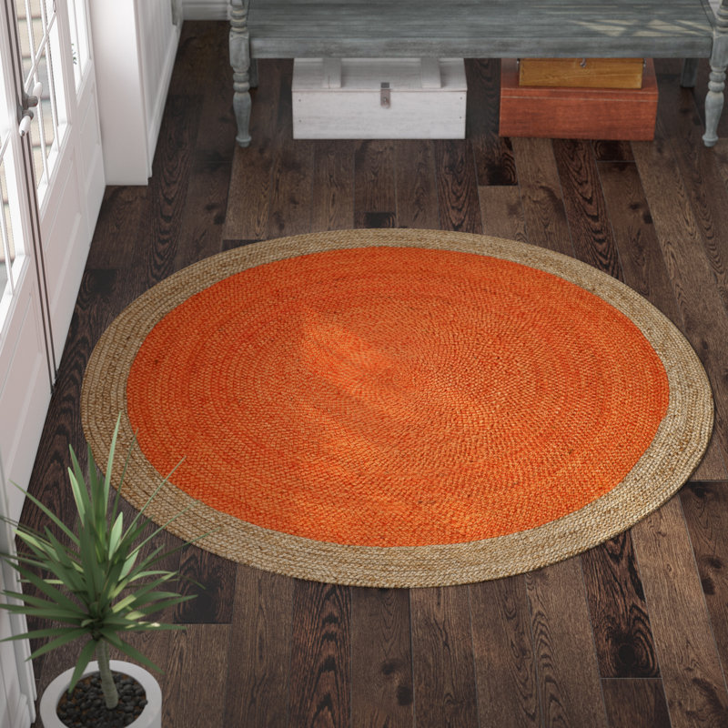 Alexina Hand-Woven Natural Jute Solid Color Area Rug, Orange, Rond 9 pi