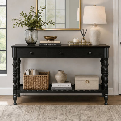 Solid Wood 47.2" Console Table with 3 Drawers and Decorative Storage, Wooden Sofa Table Behind Couch with Carved Legs