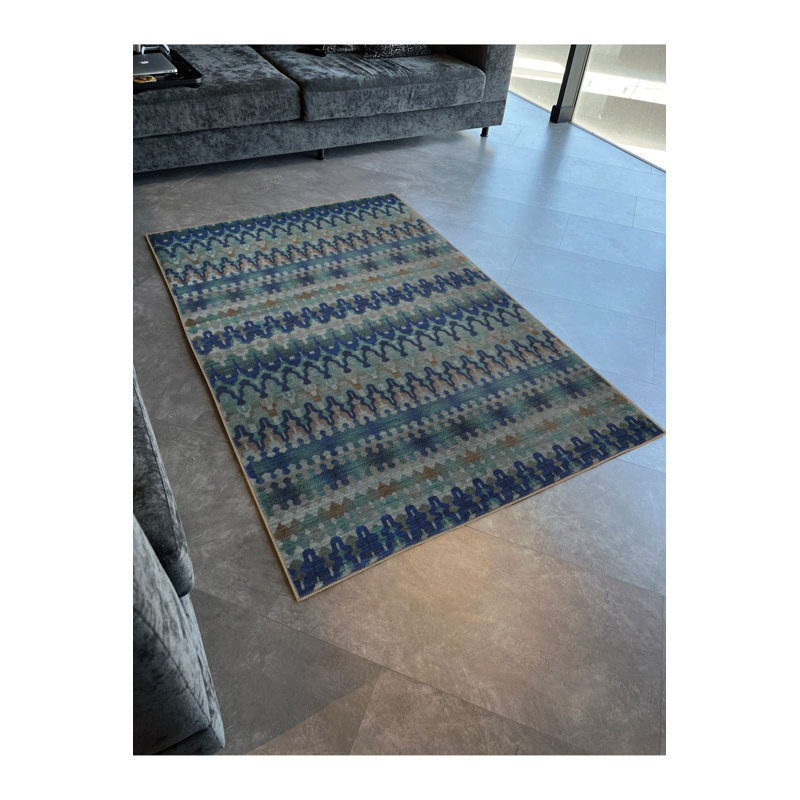 Tapis bleu-vert à motif géométrique mixte, Tapis de couloir 3 pi 3 po x 6 pi 7 po inclus
