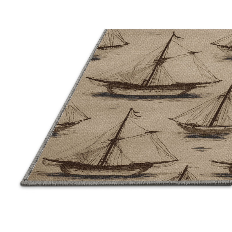 Washable Traditional Ships Nautical Area Rug, Runner 2' x 5'