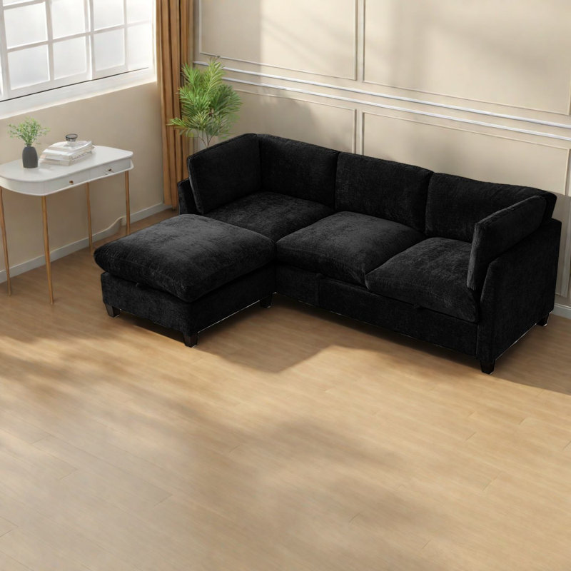 Canapé modulaire noir spacieux avec rangement, revêtement en chenille de qualité supérieure, style moderne pour le salon