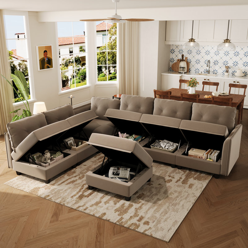 Kosuke Upholstered L-Shaped Sectional, Camel Polyester Blend