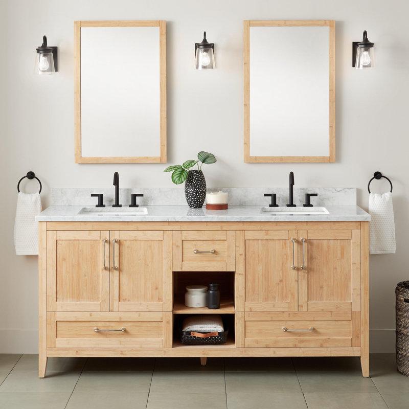 72" Burfield Double Bathroom Vanity Set with Rectangular Undermount Sinks, White - 73" W, 8" Widespread, Carrara Marble