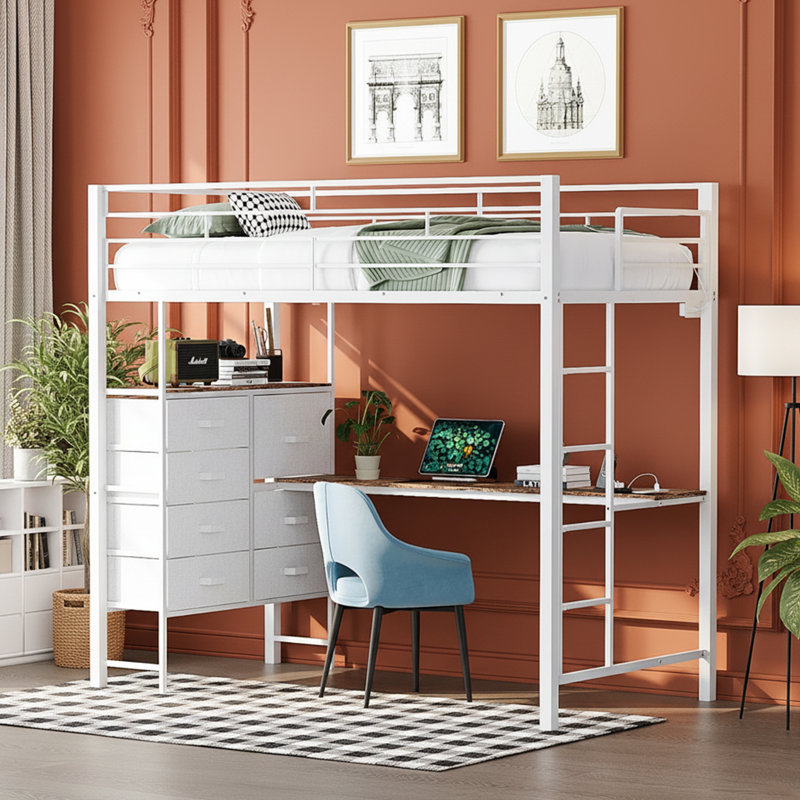 Black Twin Metal Loft Bed With Desk And Drawers LED Light Charging Station, White