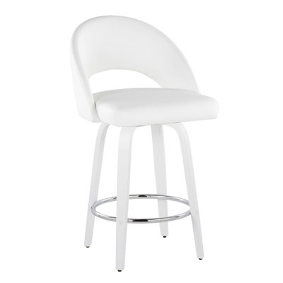 Tabouret de bar pivotant à hauteur fixe en bois blanc et similicuir blanc avec repose-pieds ronds chromés - 2 pièces