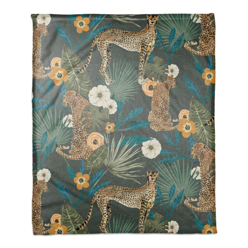 Tropical Green Coral Fleece Blanket with Cheetah Print