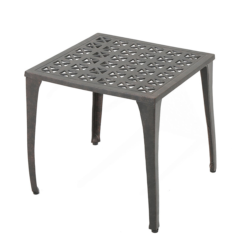 Outdoor Cast Aluminum Side Table With Intricate Grillwork Top And Lightweight Sturdy Design For Patio Or Poolside Use.