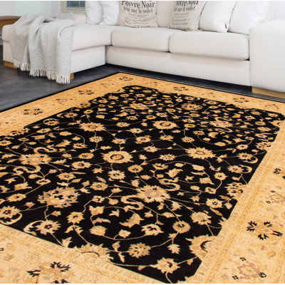 Tapis noir en laine noué à la main de conception unique 10 pi x 13 pi 5 po New Age