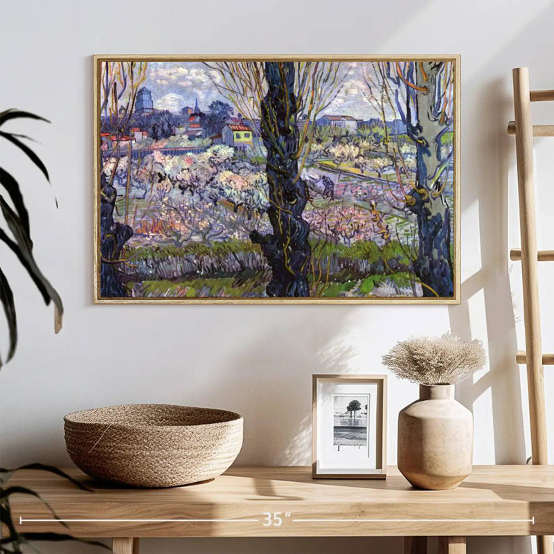 Vue des vergers en fleurs d'Arles, 25 po x 17 po, Cadre flottant en bois naturel