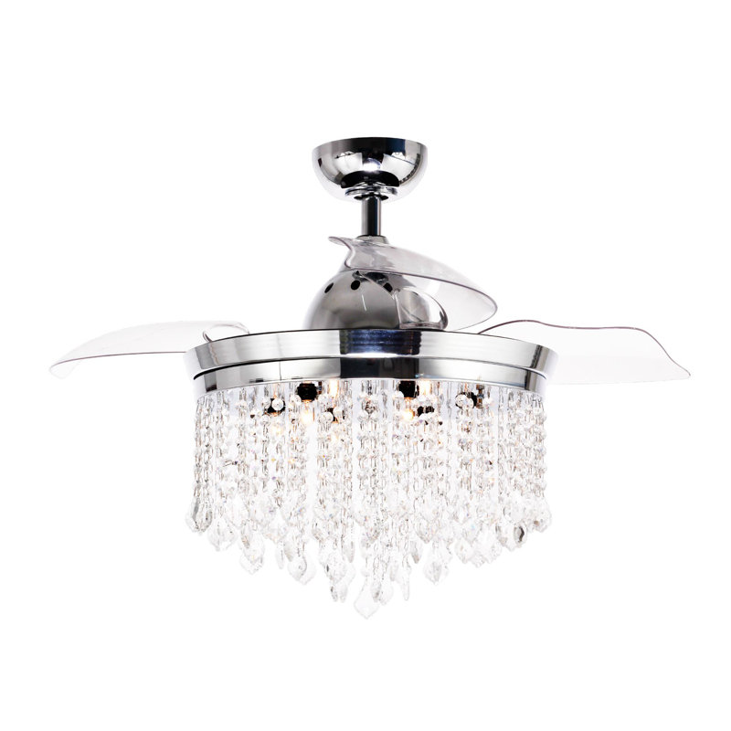 Ventilateur de plafond lustre rétractable en cristal 42 po avec ensemble d'éclairage et télécommande Kaleb