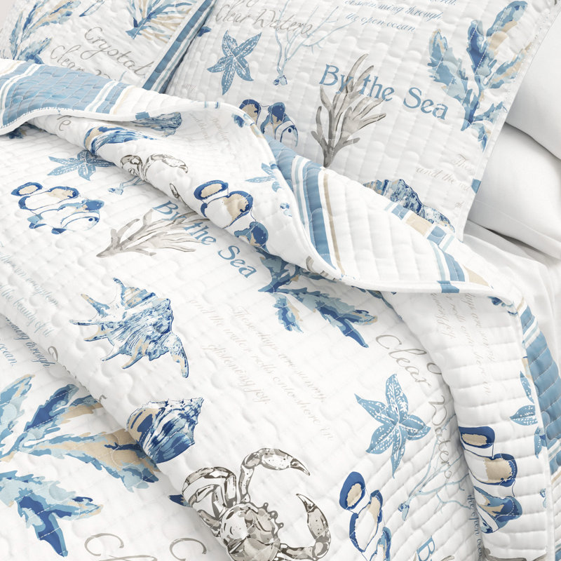 Ensemble de courtepointe réversible bleu / taupe, Courtepointe pour lit simple + 1 taie décorative 