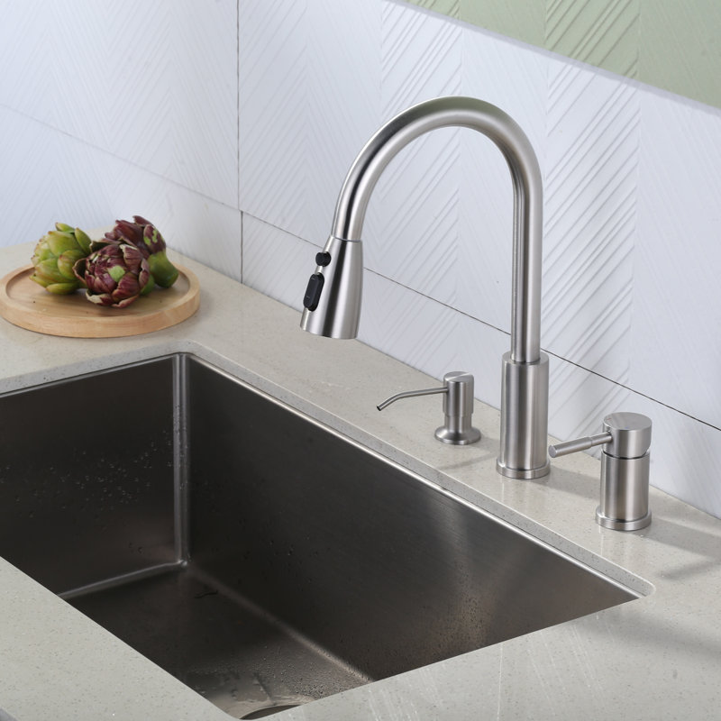 Robinet de cuisine rétractable à 3 trous avec distributeur de savon et poignée individuelle unique, Nickel brossé