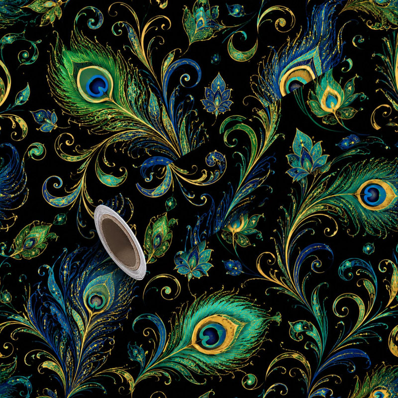 Papier peint auto-adhésif plumes de paon auto-adhésif et amovible 17,7 po x 118 po (45 x 300 cm)