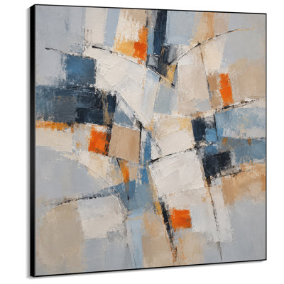 Impression sur tissu grand format pour décoration murale - Motifs géométriques abstraits bleus, gris et oranges pour salon ou chambre - « Assemblage du cadre requis (cadre non fini) »